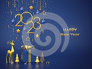 Happy New 2023 Year. Hanging golden metallic numbers 2023 with stars, balls on blue background. Gift box, gold deer and golden