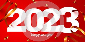 Happy New 2023 Year. Holiday numbers 2023 with confetti. Festive poster or banner design.