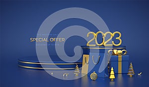 Happy New 2023 Year SALE banner. Scene and 3D round platforms on blue background. Golden metallic numbers 2023. Pedestal with gift