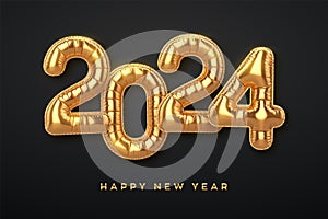 Happy New 2024 Year. Golden foil balloon numbers on black background. High detailed 3D realistic gold foil helium balloons. Merry