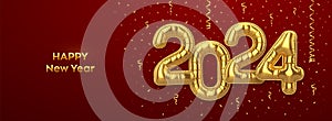 Happy New 2024 Year. Golden foil balloon numbers on red background. High detailed 3D realistic gold foil helium balloons. Merry