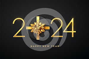 Happy New 2024 Year. Golden metallic luxury numbers 2024 with gift box with golden bow on black background. Realistic sign for
