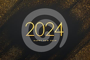 Happy New 2024 Year. Golden metallic luxury numbers 2024 on shimmering background. Realistic sign for greeting card. Bursting