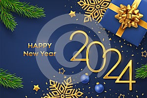 Happy New 2024 Year. Golden metallic numbers 2024 with gift box, shining snowflake, pine branches, stars, balls and confetti on