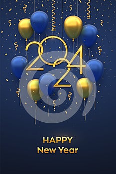 Happy New 2024 Year. Hanging Golden metallic numbers 2024 with 3D festive helium balloons and falling confetti on blue background