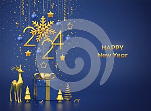 Happy New 2024 Year. Hanging golden metallic numbers 2024 with snowflake, stars, balls on blue background. Gift box, gold deer and
