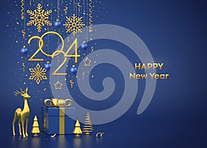 Happy New 2024 Year. Hanging golden metallic numbers 2024 with snowflakes, stars, balls on blue background. Gift box, gold deer,