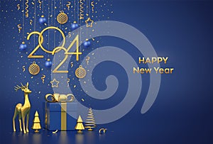 Happy New 2024 Year. Hanging golden metallic numbers 2024 with stars, balls and snowflake on blue background. Gift box and golden