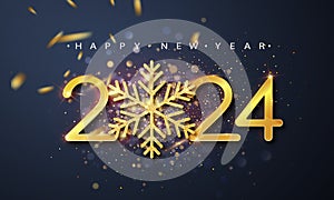 Happy New 2024 Year. Holiday vector illustration of golden metallic numbers 2024 and sparkling glitters pattern.Holiday