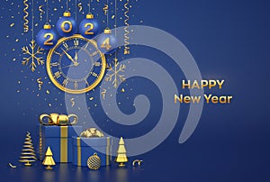 Happy New 2024 Year. Merry christmas card. Blue Christmas bauble balls with gold numbers 2024, snowflakes. Watch with Roman