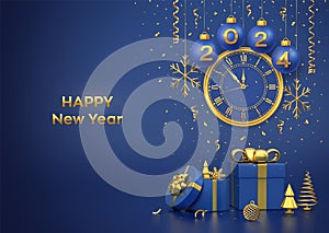 Happy New 2024 Year. Merry christmas card. Blue Christmas bauble balls with gold numbers 2024, snowflakes. Watch with Roman