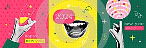 Happy new 2024 year party cards set in halftone design with yelling mouth and hands holding champagne and mirror ball