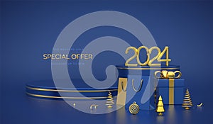 Happy New 2024 Year SALE banner. Scene and 3D round platforms on blue background. Golden metallic numbers 2024. Pedestal with gift