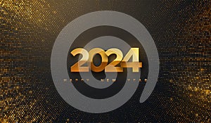 Happy New 2024 Year. Vector holiday illustration. Golden 2024 numbers on black background