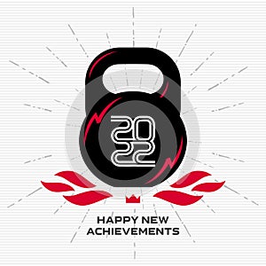 Happy new achievements in the new year 2022. Vector. Black kettlebell with glares in the form of lightning and the words 20 22