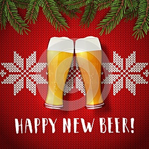 Happy new beer glasses poster on a christmas sweater background