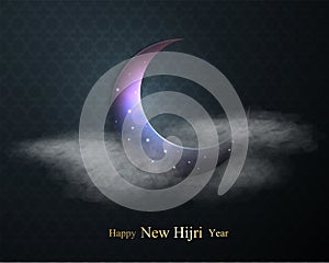 Happy New Hijri year 1441 banner. Islamic holiday banner with blue night crescent. Moon with cloud and star eid mubarak