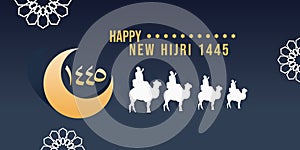 Happy new hijri year 1445 background with arabic letter, moon, people on camel, muslim ornament. Islamic banner poster