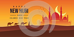 Happy new hijri year 1445 background with moon, bird, mosque, arabic letter, people and camel on desert at afternoon. Islamic