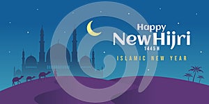 Happy new hijri year 1445 background with moon, star, mosque, arabic letter, people and camel on desert at night. Islamic banner