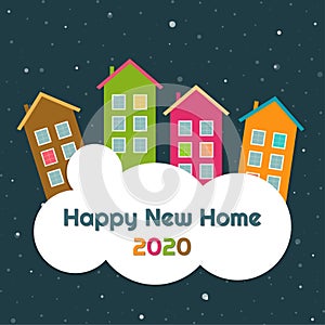 Happy New Home 2020 Abstract Card With Colorful Buildings, Cloud, Snowflakes