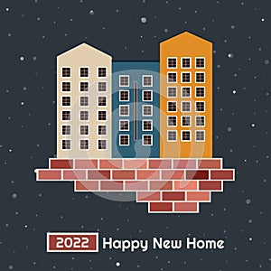 Happy New Home 2022 Abstract Card With Buildings, Bricks, Snowflakes