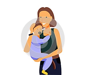 Happy new mother holds her infant baby in her arms. Vector illustration of motherhood