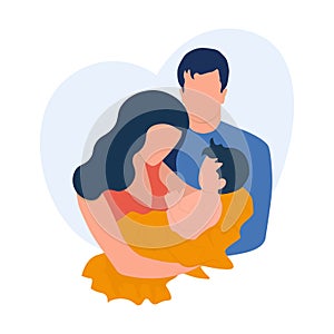 Happy new parents holding baby. Young mom and dad, new born child flat vector illustration