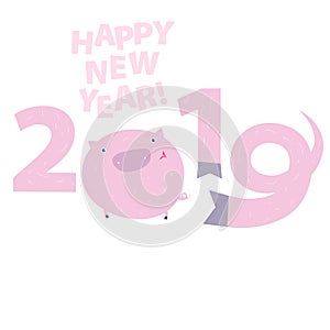 Happy New Pig Year funny greeting with tail-nine lettering design isolated