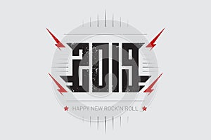 Happy New Rock`n`roll 2019 - music poster with stylized inscription, red lightnings and star. T-shirt apparels cool print with