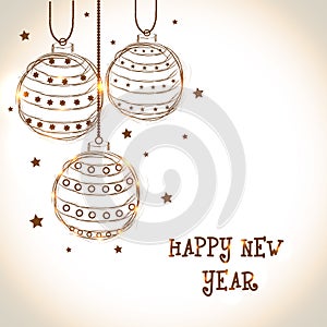 Happy New Year 2015 celebration greeting card with Xmas Balls.