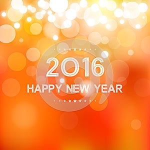 Happy new year 2016 in bokeh and lens flare pattern on summer orange background