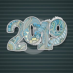 Happy New Year 2016 celebration number. Vector Xmas illustration in zentangle.