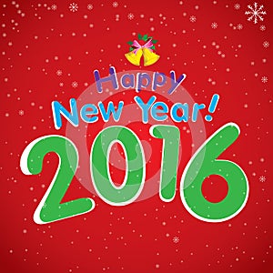 Happy New Year 2016 and white snow in winter. Christmas tree and bell on red background.