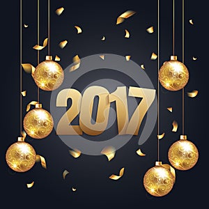 Happy New Year 2017 background with black and gold color, christmas ball and confetti. Greeting card design celebration. Vector