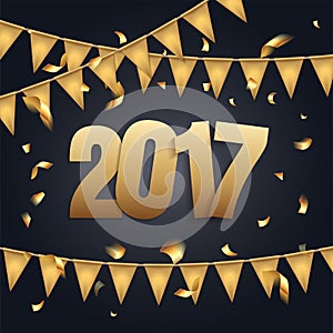 Happy New Year 2017 background with black and gold color, flags garland and confetti. Greeting card design celebration