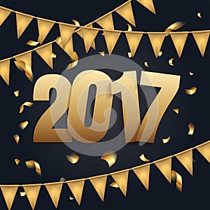 Happy New Year 2017 background with black and gold color, flags garland and confetti. Greeting card design celebration. Vector
