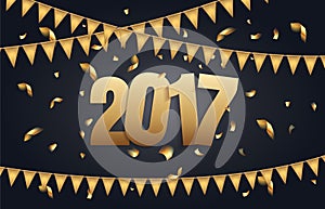 Happy New Year 2017 background with black and gold color, flags garland and confetti. Greeting card design celebration. Vector