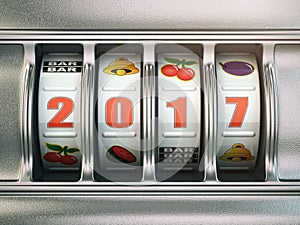 Happy New Year 2017 in casino. Slot machine with number 2017.