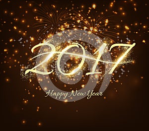 Happy New Year 2017 celebration background with shiny text, fireworks in night background