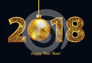 Happy New Year 2017 gold on a black greeting card background with gold christmas ball and gold sparkle text. Vector
