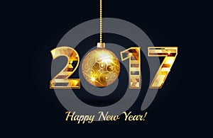 Happy New Year 2017 gold on a black greeting card background with gold christmas ball and gold sparkle text. Vector