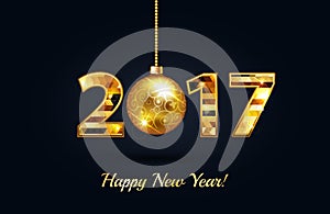 Happy New Year 2017 gold on a black greeting card background with gold christmas ball and gold sparkle text. Vector illustration