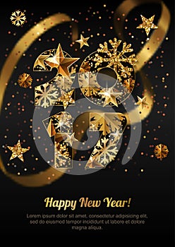 Happy New Year 2017 greeting card with golden numbers.