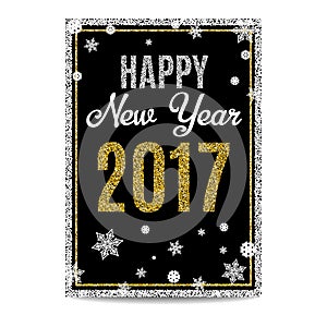 Happy New Year 2017 greeting card golden text and snowflakes
