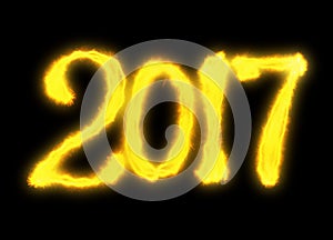 Happy new year 2017 isolated numbers lettering written with fire flame or smoke on black background
