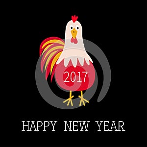 Happy New Year 2017 symbol Chinese calendar. Rooster bird. Cute cartoon funny character with big feather tail. Baby farm anim