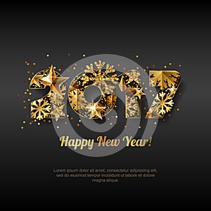 Happy New Year 2017 vector greeting card with golden numbers. Abstract holiday black glowing background.