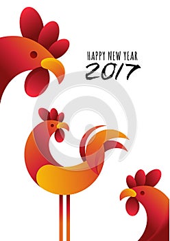 Happy New Year 2017. Vector greeting card, poster, banner with red rooster modern symbol of 2017.