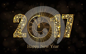 Happy New Year 2017. Vector illustration with gold clock